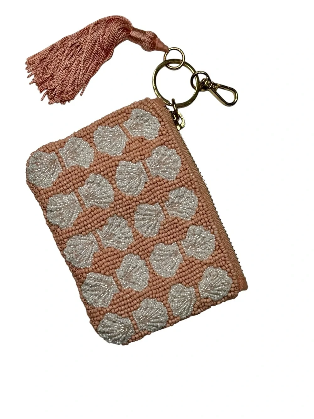 🐚✨ NWT Anthropologie Fiona Beaded Coin Purse Pink Shell Keychain Tassel 🎀